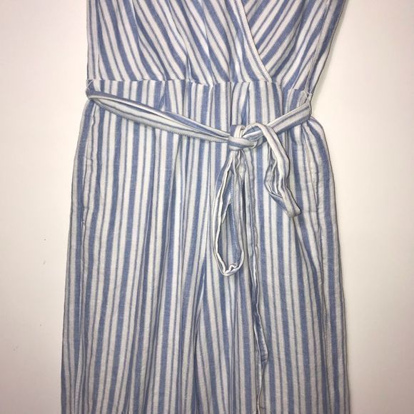 GAP Linen Cotton Jumpsuit Size 4 Blue Striped Apron Wide Leg Cropped - Picture 6 of 9